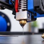 Bico de impressora 3D com resíduos escuros de filamento acumulados na ponta, próximo a uma ferramenta de limpeza e um bico de reposição.