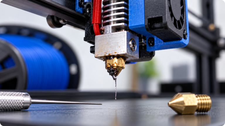 Bico de impressora 3D com resíduos escuros de filamento acumulados na ponta, próximo a uma ferramenta de limpeza e um bico de reposição.