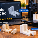 Peça de reposição plástica quebrada, modelo 3D no computador e fabricação de uma nova peça em impressora 3D