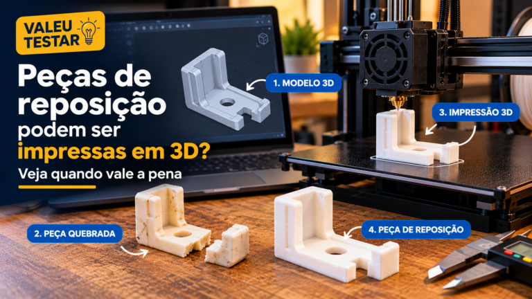 Peça de reposição plástica quebrada, modelo 3D no computador e fabricação de uma nova peça em impressora 3D