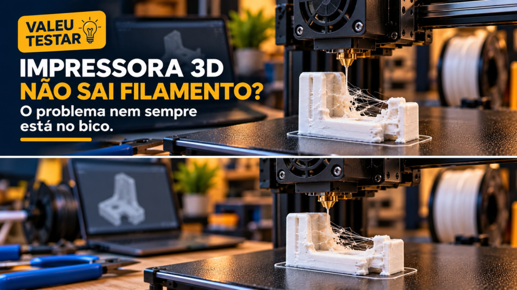 Bico de impressora 3D sobre uma peça com falhas de extrusão e filamento irregular.
