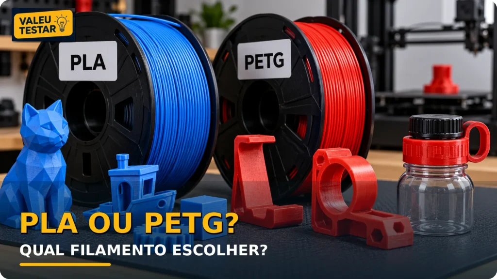 Bobinas de filamento PLA e PETG ao lado de peças produzidas por impressão 3D.