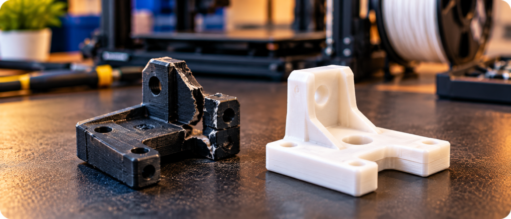 Bico de impressora 3D com resíduos escuros de filamento acumulados na ponta, próximo a uma ferramenta de limpeza e um bico de reposição.